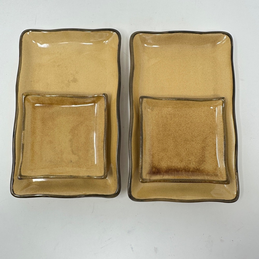 WCL Stoneware Serving Set 4pc Ochre Yellow Rectangular Trays Square Plates Sushi